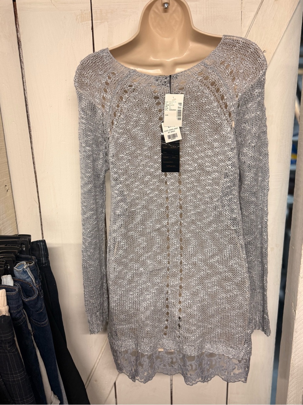 Light Gray Knit Lace-Hem Sweater Tunic
